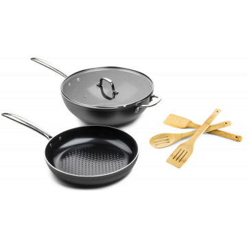 Victoria Forged combideal keramische koekenpan 24 CM en wok met deksel 32 CM met spatels - RVS grepen