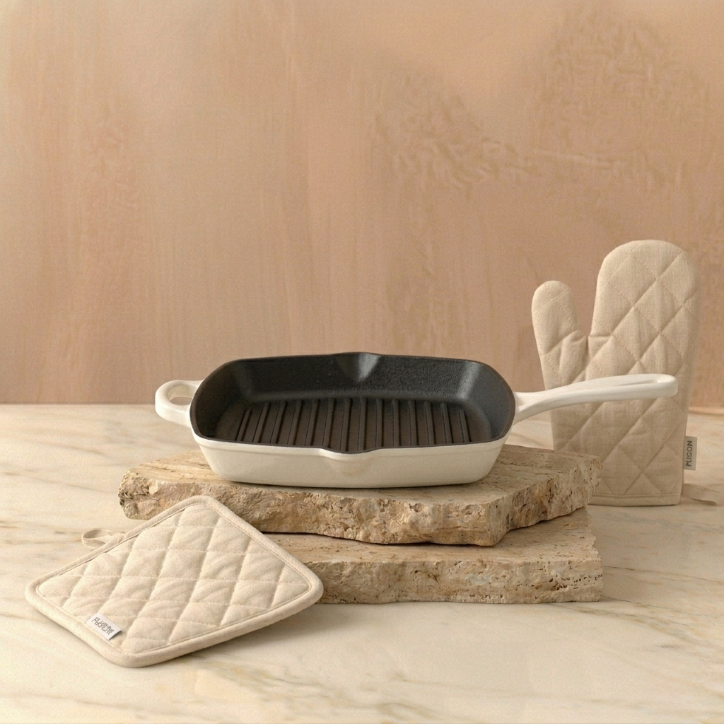 ISENVI Byron gietijzeren grillpan vierkant 28 cm met ovenwant en pannenlap