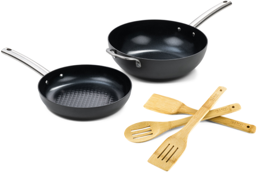ISENVI Murray Combideal koekenpan 28 cm + wok 32 cm + spatels - RVS grepen - Retour